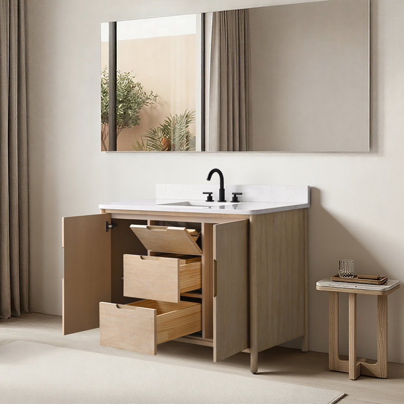 Meuble-lavabo autoportant à simple cuve 48 po avec dessus en pierre reconstituée, centrale électrique cachée, support de chargement USB et support pour sèche-cheveux Lucerne 