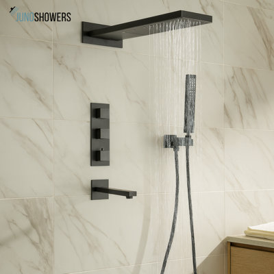 Pomme de douche murale noire à cascade avec douchette à main et bec de baignoire Juno
