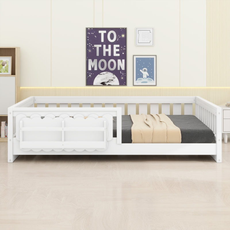 Lit plateforme en bois robuste avec garde-corps et tablettes de rangement, Blanc, Lit double