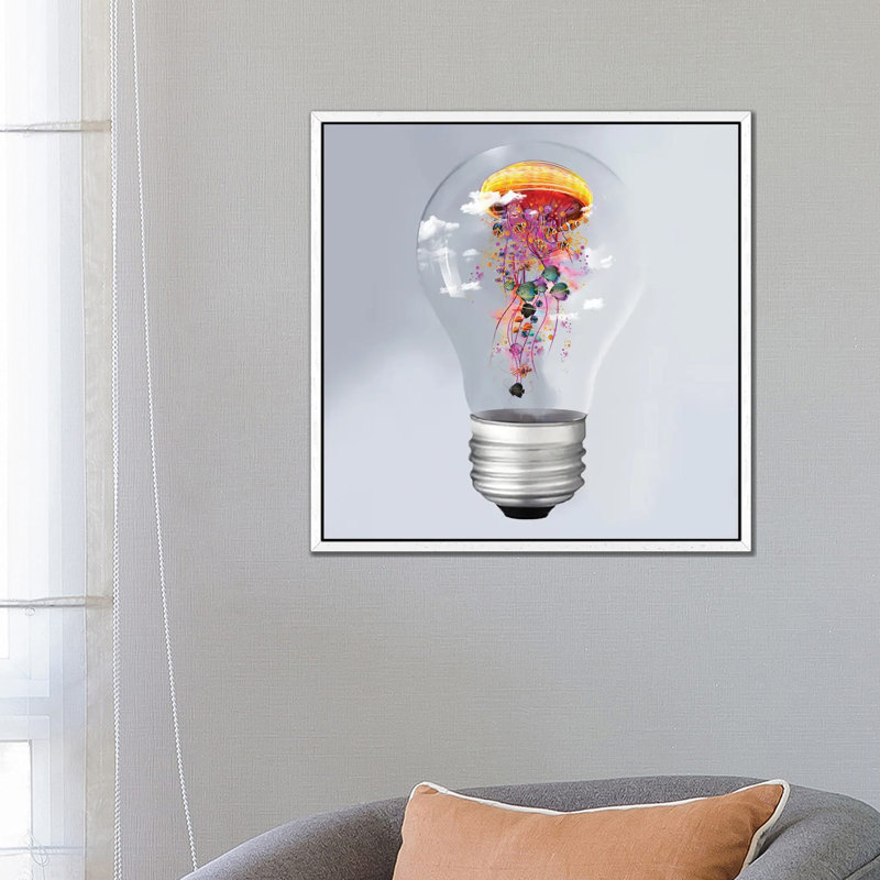 Electric Jellyfish In A Lightbulb by David Loblaw - Print on Canvas, 66.04 cm H x 66.04 cm W, White Framed