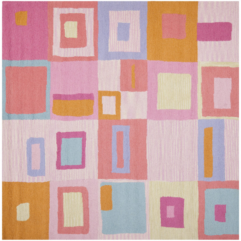 Tapis rose / bleu / orange en laine / coton touffeté à la main Krystyna, Carré 7 pi