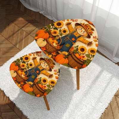 Modern Triangle Nesting Coffee Table Set of 2 Cheerful Scarecrow Surrounded by Sunflowers Pumpkins Mid Century Stackable End Table Small Accent Side Table for Living Room Bedroom Apartment Home Decor