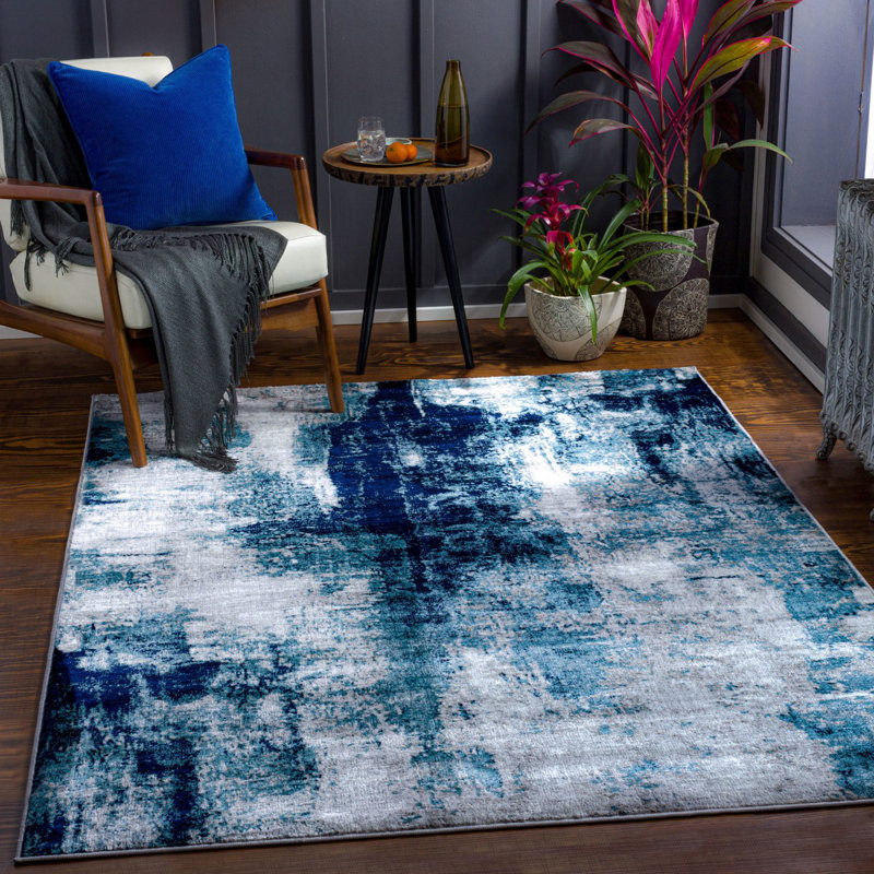 Blue Modern Shaggy Rug, Abstract Anti Slip Easy to Clean Rug For Living Room, Dining Room, Bedroom, Kitchen