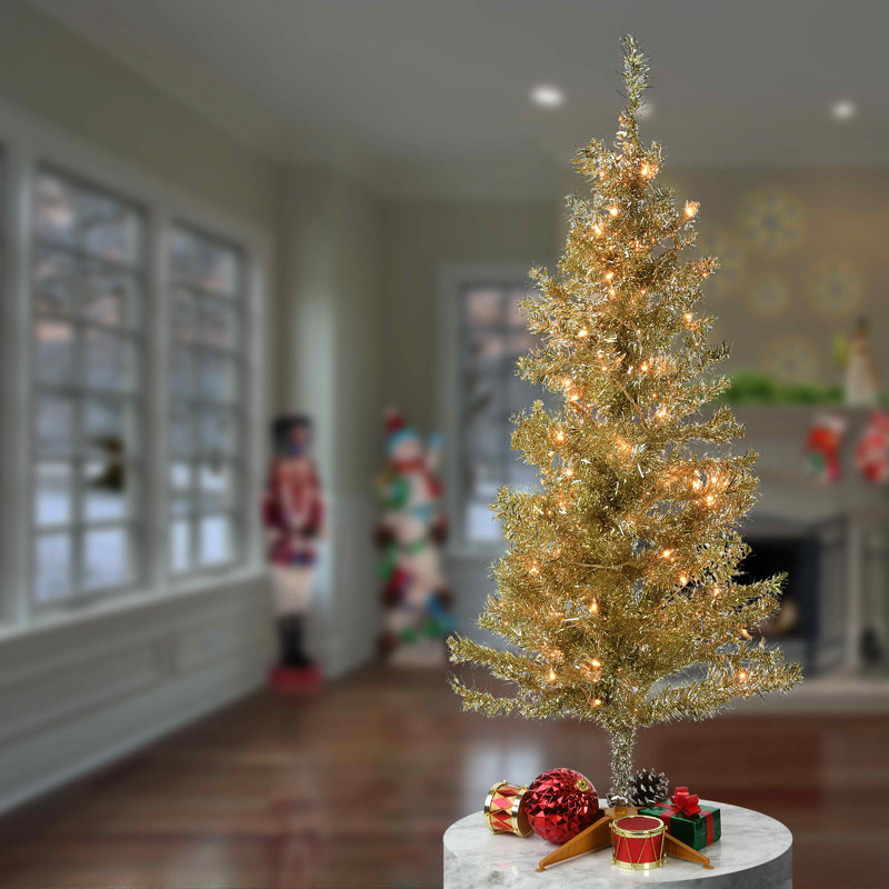 Champagne Tinsel Tree with Clear Lights, 4 ft