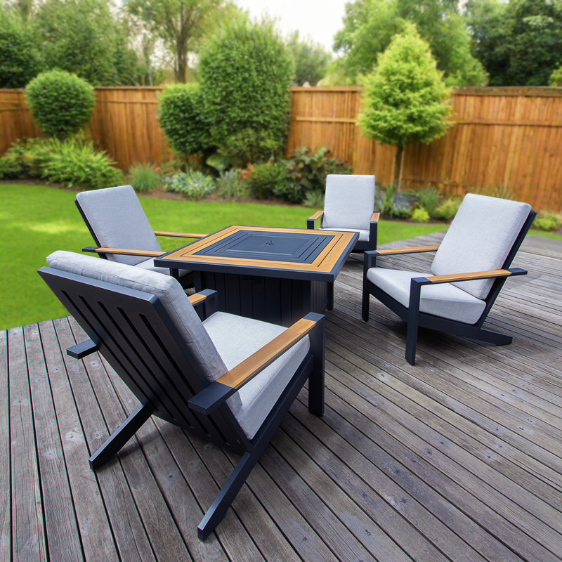 Leonia 5-Piece Aluminum Teak Adirondack Set with Fire Pit & Patio Cover