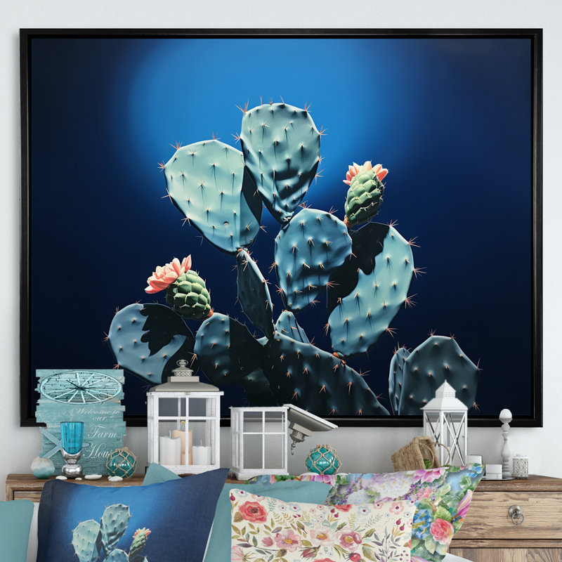 Cactus saphir solitude I sur toile, Cadre flottant noir, H 34 po x l 44 po x P 1,5 po