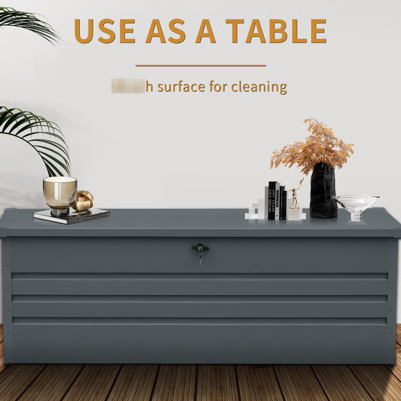 Coffre de terrasse en métal 260 gallons - imperméable et verrouillable. Très grand rangement pour patio, jardin, piscine. Gris foncé Variabilité du temps. Option de fermeture de l'utilisateur. Conception de table polyvalente. Assemblage simple