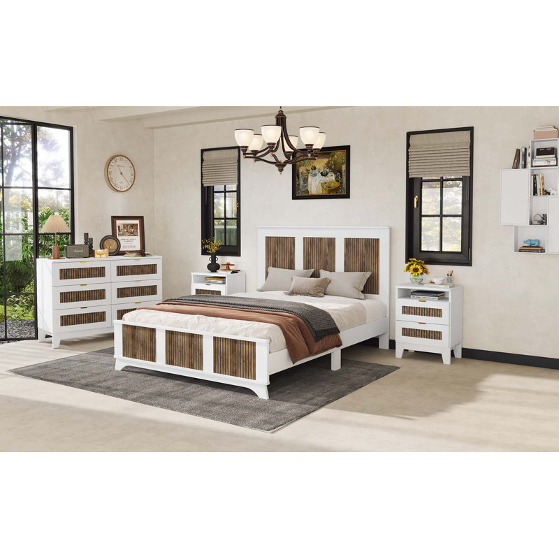 Farmhouse Wooden Platform Bed,Modern Platform Bed With Wooden Strip Stickers Decoration,Plywood Slats Support, White