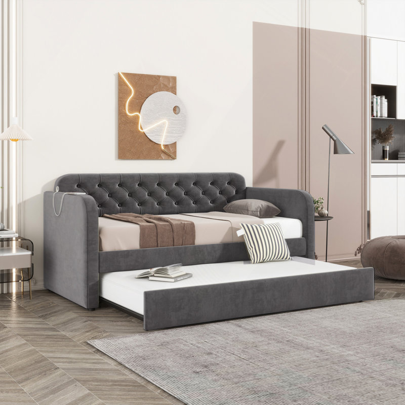 Upholstered Daybed With Trundle And USB Charging Design, Velvet Upholstered Daybed Frame, Sofa Bed For Living Room Bedroom, No Box Spring Needed,Plush Velvet Fabric