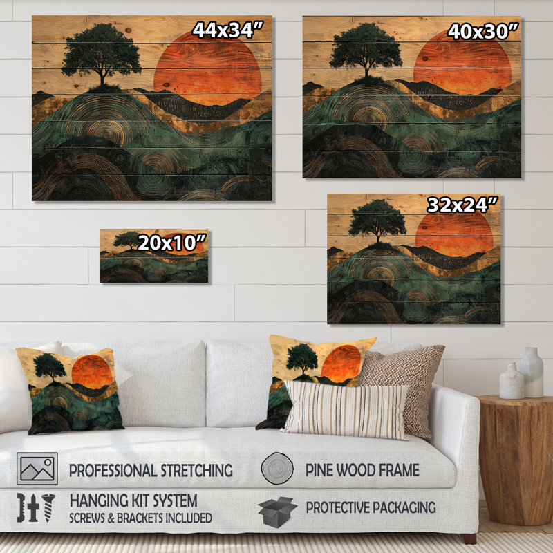 Baobab au lever du soleil avec racines d'Afrique II - impression sur bois d'arbre - sur bois de pin naturel