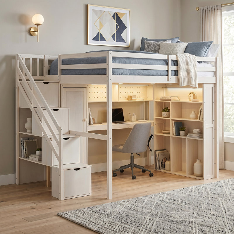 Full Size Kids Loft Bed With Desk, Space-Saving, Wood, Desk & Bookcase, Storage Staircase, Contemporary, Kids' Bedroom, Beige
