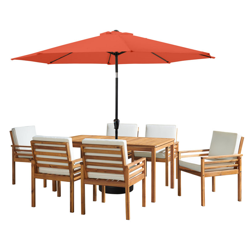 Arjay 8 Pc Patio Dining Set Wood One 63" Table Chairs With Cushions And 1 10-Foot Tilt Umbrella, Orange, 6