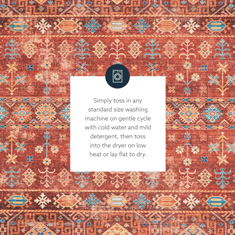 Washable Red and Ivory Machine Woven Area Rug, Rectangle 3' x 5'