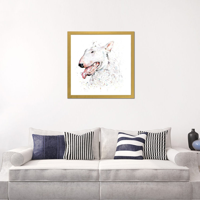 Bull terrier blanc par Edwatercolours-impression, Blanc, H 24 po x l 24 po x p 1 po, Papier encadré doré