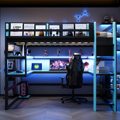 Lit mezzanine en bois pleine grandeur bleu nuage, prêt pour le jeu avec bureau, rangement latéral, tablettes multiples, DEL et charge pour une chambre à coucher élégante et amusante