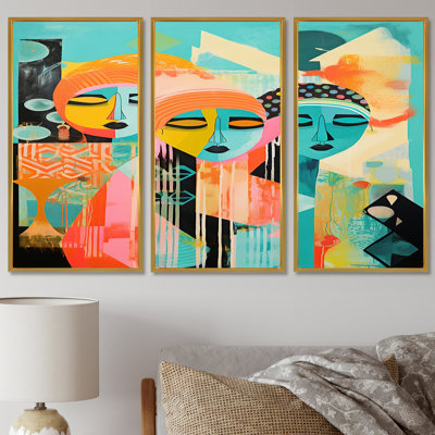 Serene Devotion Three Turquoise Woman Praying - Abstract Collages, impression d'art mural