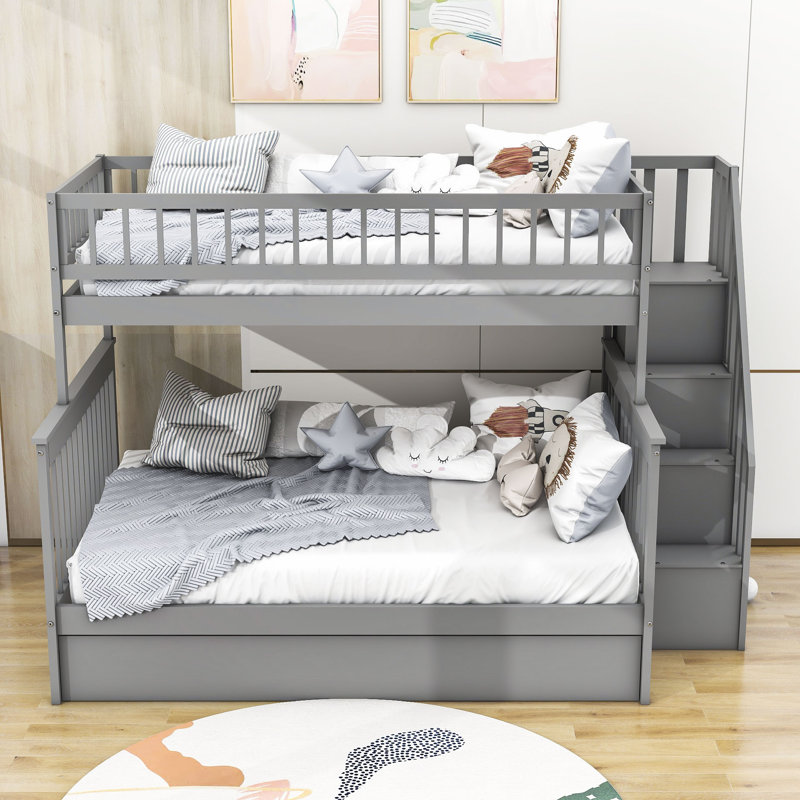 Demanuel Kids Twin Over Full Bunk Bed with Trundle, Gray