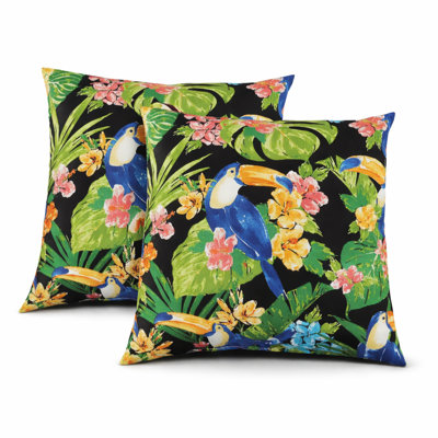 Ensemble de 2 coussins d'extérieur imperméables de 18 po x 18 po, toucans tropicaux et coussins décoratifs floraux de couleur vert forêt