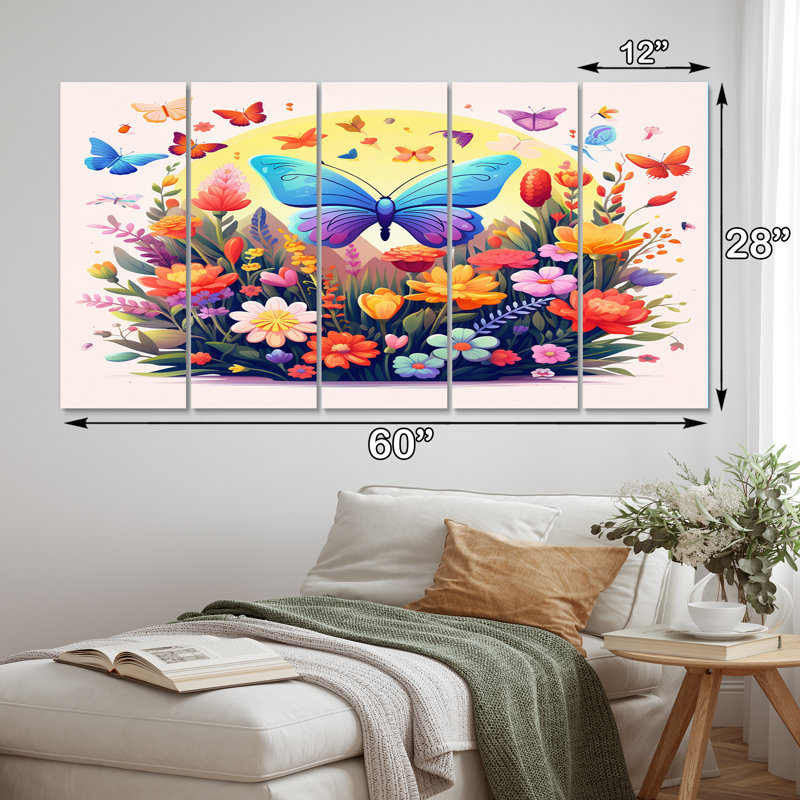 Mauve Butterfles Idyllic Rainbow Flowerfield - Art mural sur toile animaux - 5 panneaux égaux