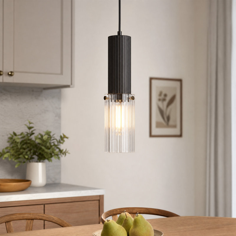 Luminaire suspendu cylindrique en verre 1 lumière pour îlot de cuisine 1 lumière, Black