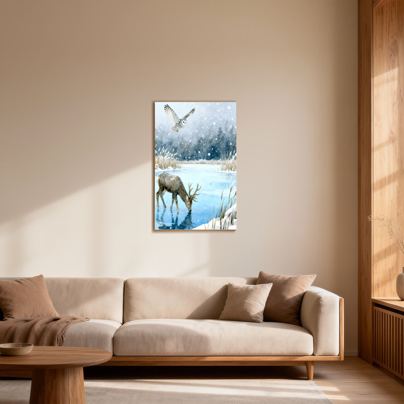 Animaux, hiver, hibou, cerf, neige, paysage, aquarelle, H 18 po x l 12 po