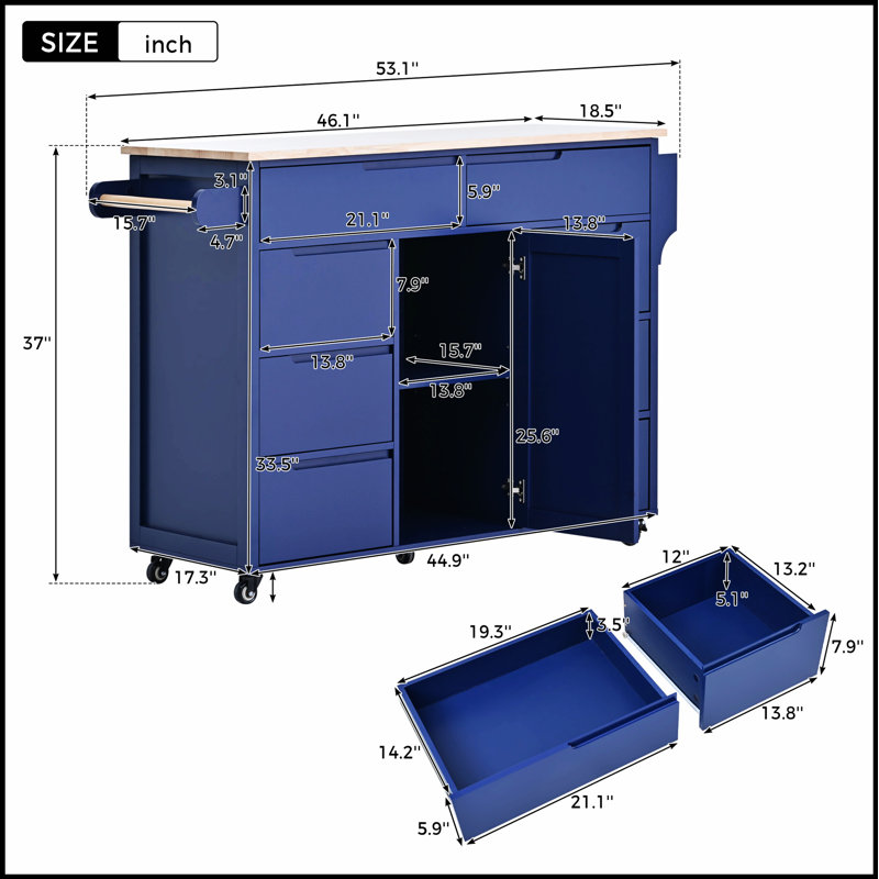 Store Kitchen Cart With Rubber Wood Countertop , Kitchen Island Has 8 Handle-Free Drawers Including A Flatware Organizer And 5 Wheels, Kitchen Island