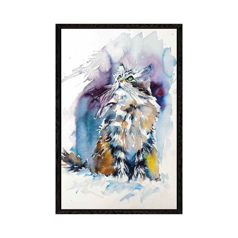 Cat On The Snow by Anna Brigitta Kovacs - Print on Canvas, Black Framed, 66.04 cm H x 45.72 cm W