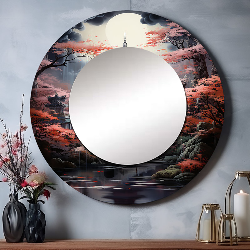 Japon Art Mystical Pagoda - Art mural grand miroir, miroir rond unique, impression sur métal, 23 po x 23 po