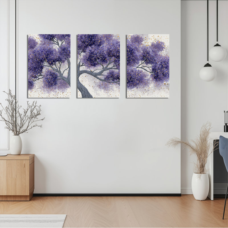 Ensemble de 3 tableaux sur toile représentant un arbre en fleurs violettes, pour la décoration du salon et de la chambre.