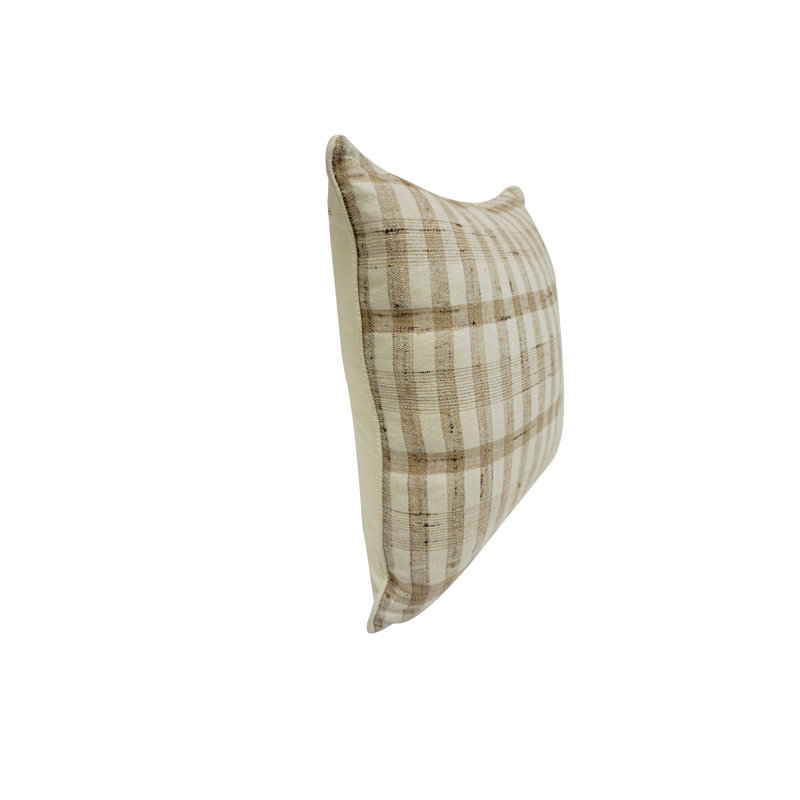 18" Beige and Off-White Vintage Raw Silk Plaid Throw Pillow