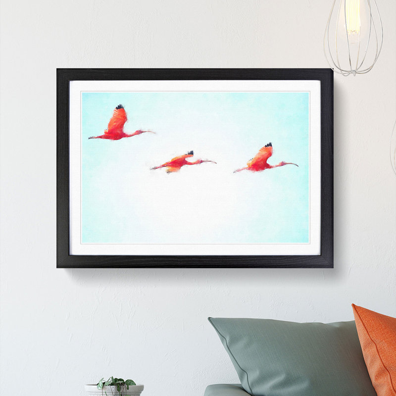 Three Pink Flamingos - Picture Frame Painting Print, 45cm H x 63cm W x 2cm D, Black Framed
