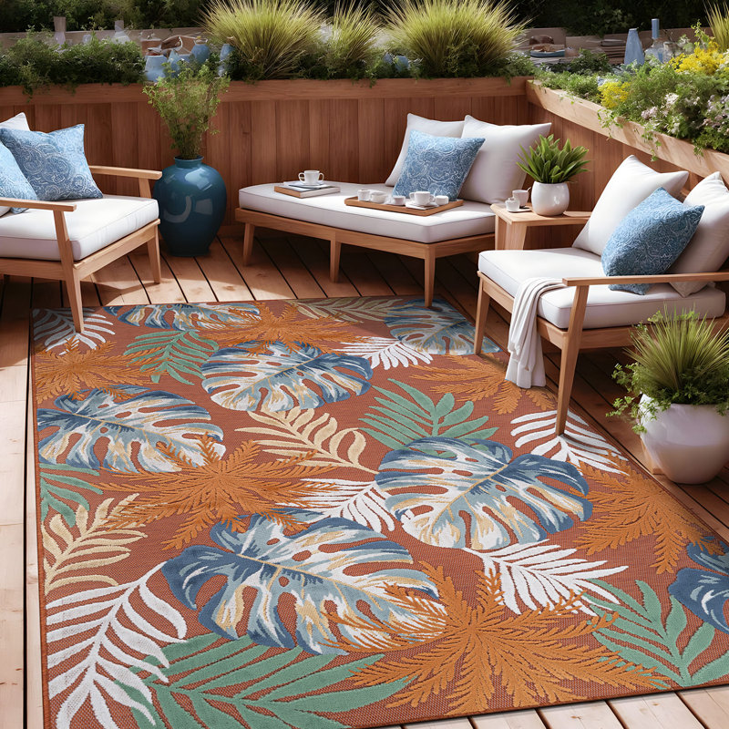 Tapis floral d'intérieur pour l'extérieur, Orange, Rectangle de 10 pi x 14 pi