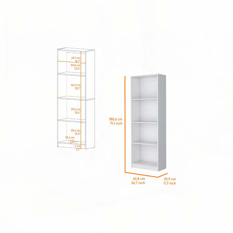 Bibliothèque blanche, (4 tablettes) H 71,1 po x l 24,7 po x P 11,7 po, Blanc
