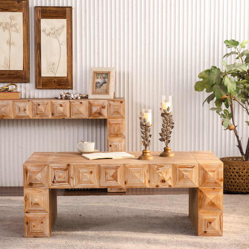 Table basse rectangulaire en bois massif de 47,3 po avec relief géométrique 3D, pour espaces décontractés chics, facile à assembler avec un relief fabriqué à la main, style de vie rustique idéal
