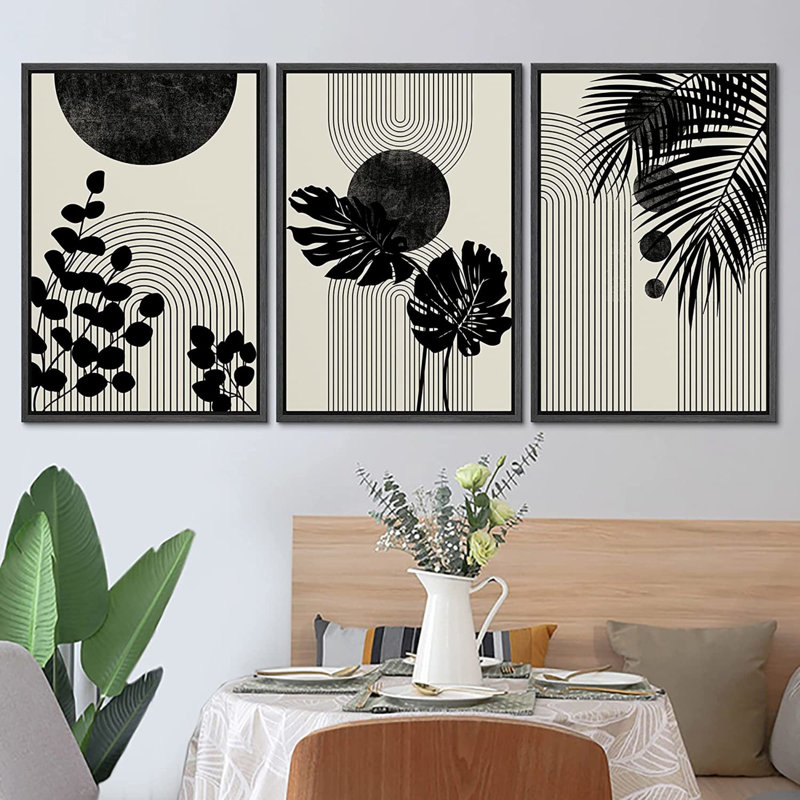 «Black Mid-Century Modern Tropical Plants Boho Neutral Art Décoration», reproduction d'art encadrée sur toile, Blanc