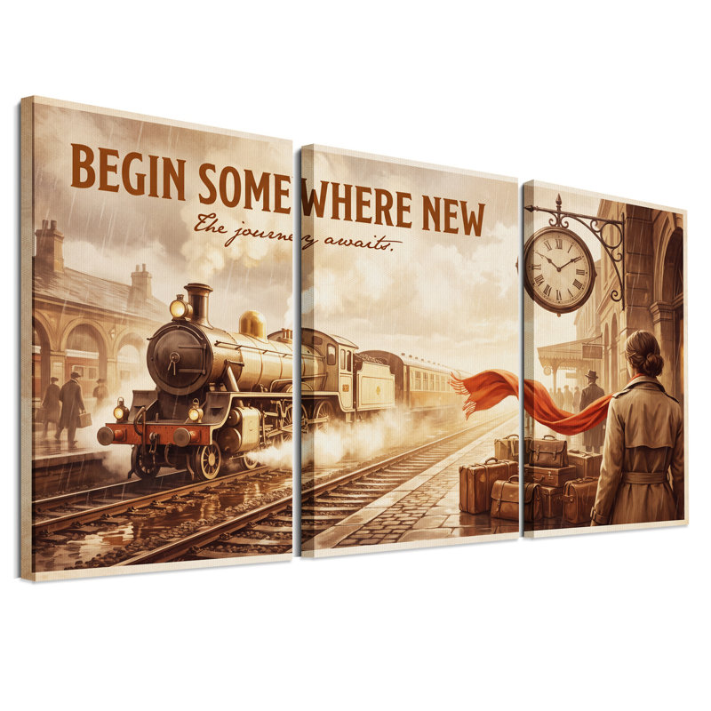 Train à vapeur vintage sur le quai de la gare Sepia avec un ensemble de 3 toiles murales, 30"H x 20"W x 3pcs