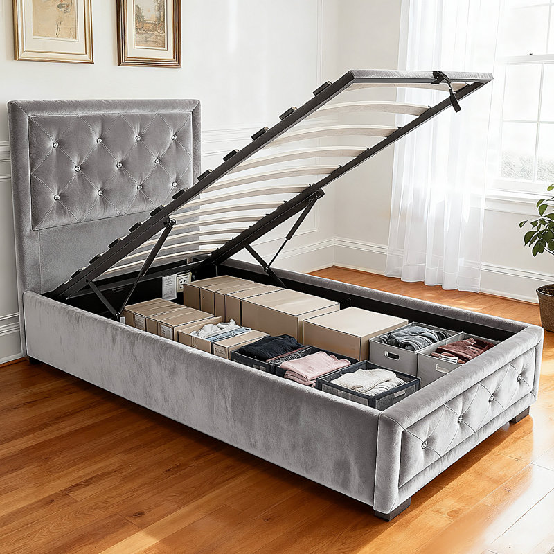 Upholstered Ottoman Storage Bed, Single (3'), Silver