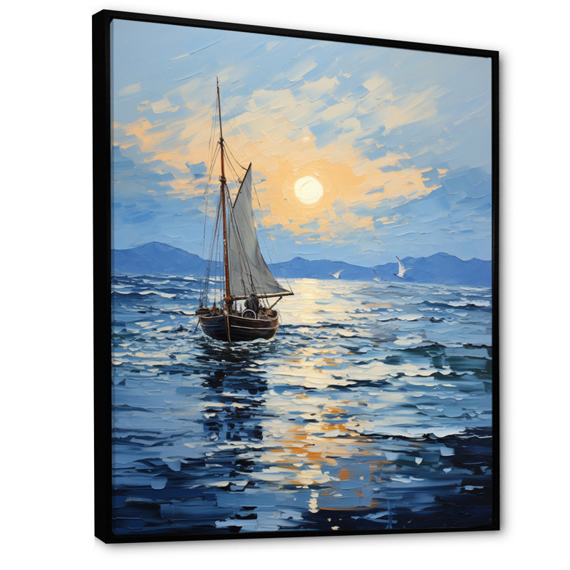 Bateau, voile, reflets, impression sur toile, H 32 po x l 16 po, Cadre flottant noir