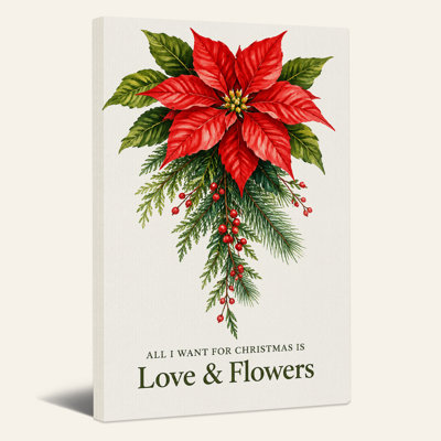 " Vintage Red Poinsettia and Green Pine Branches Christmas " Painting