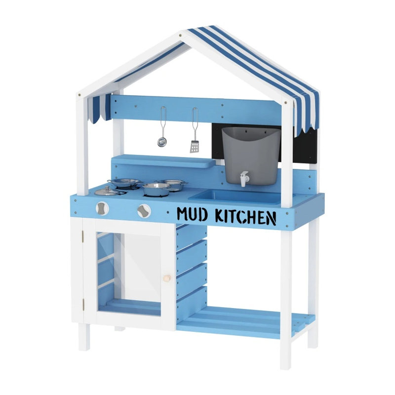 Cuisine de boue en bois pour jouer à l'extérieur avec boutons rotatifs et batterie de cuisine, bleu et blanc