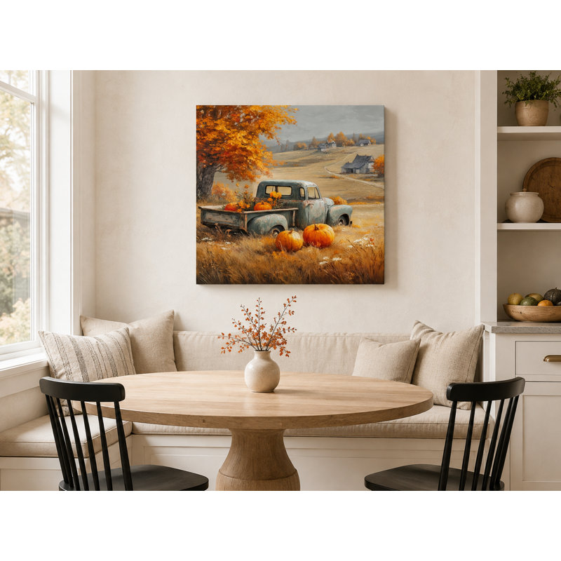 Art mural rétro sur toile tendue camionnette et citrouilles, H 30 po x l 30 po