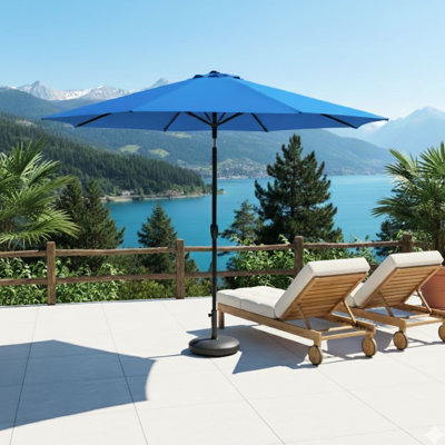 Parasol de marché bleu à 11 pieds, poteau en aluminium à 8 nervures, auvent amélioré imperméable, manivelle et inclinaison réglable de 45 po, pour les patios, sans base Parasol de marché au pied bleu, nervures renforcées, décoloration