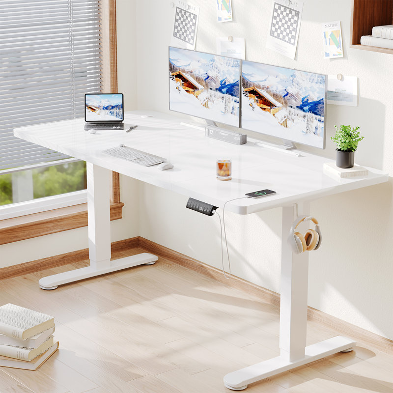 Adjustable Metal Base Standing Desk, 72cm H x 160cm W x 80cm D, White/White