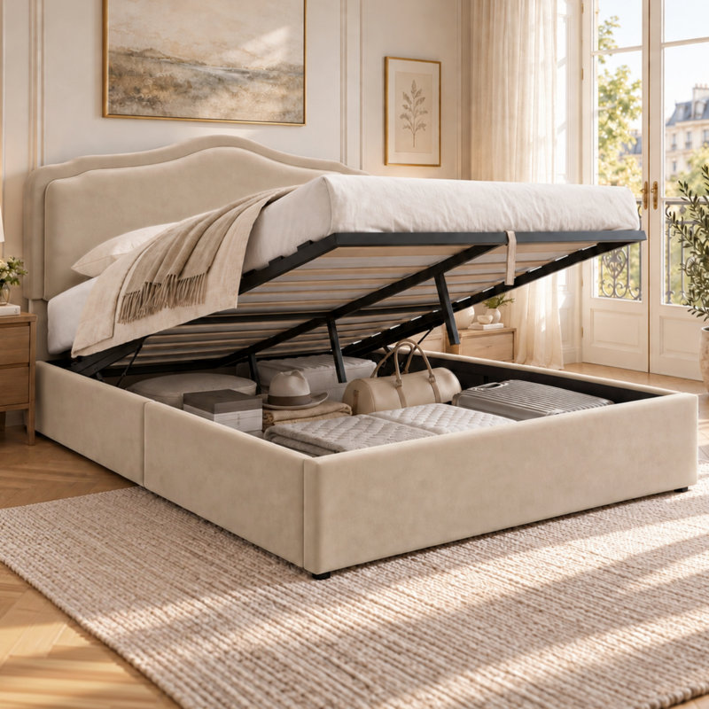 Lift Up Storage Bed Frame, King, Cream White