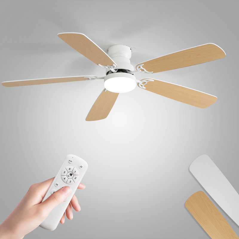 Derick 5-Blade Modern Ceiling Fan with LED Light and Remote Control, White, 52"