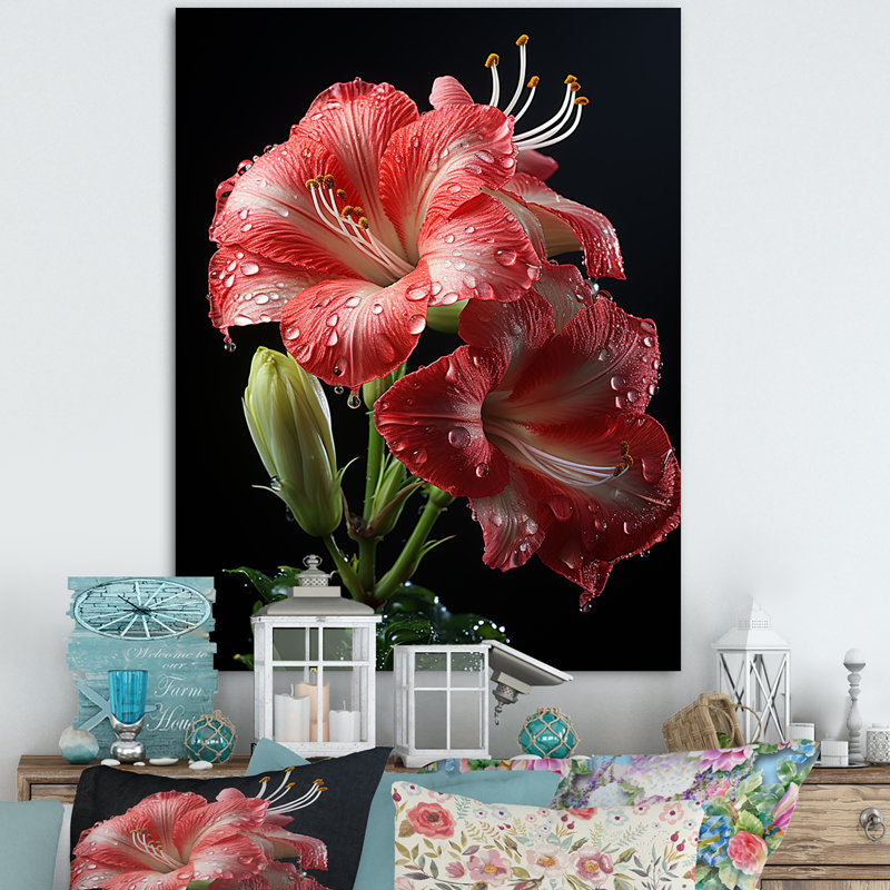 Fleur de lis rose II - art mural Lily, H 32 po x l 16 po x P 1 po, Toile tendue