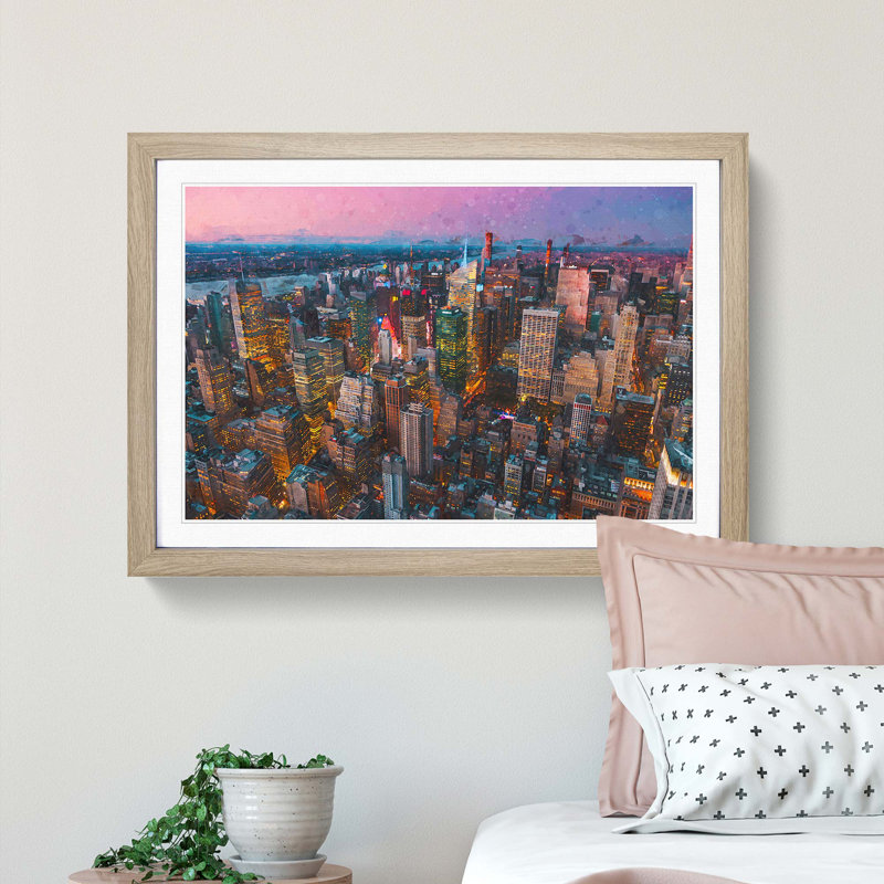 New York View in Abstract - Picture Frame Graphic Art Print, 48cm H x 65cm W x 2cm D, Oak Framed