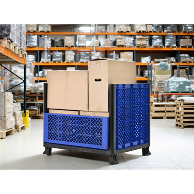 Contenant en vrac de polypropylène bleu haute densité, capacité de 600 lb, parois en maille à 4 voies et côté ferme