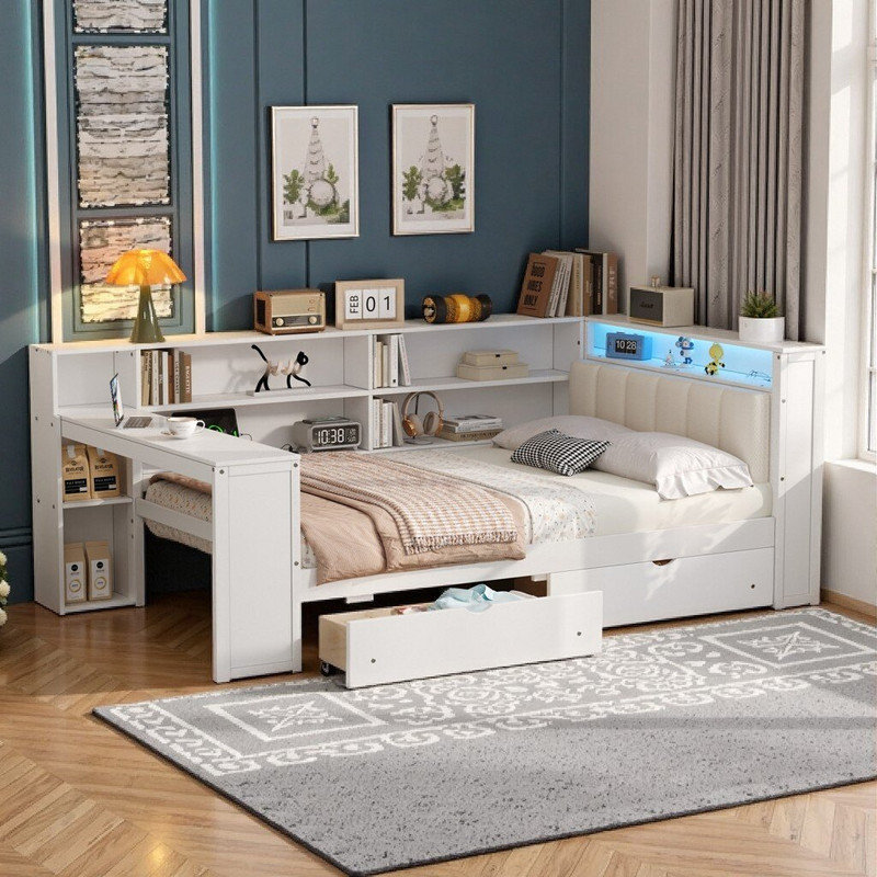 Lit plateforme double en bois Dormal, lit de jour rembourré avec tablettes, tiroirs, station de charge, éclairage DEL, bureau