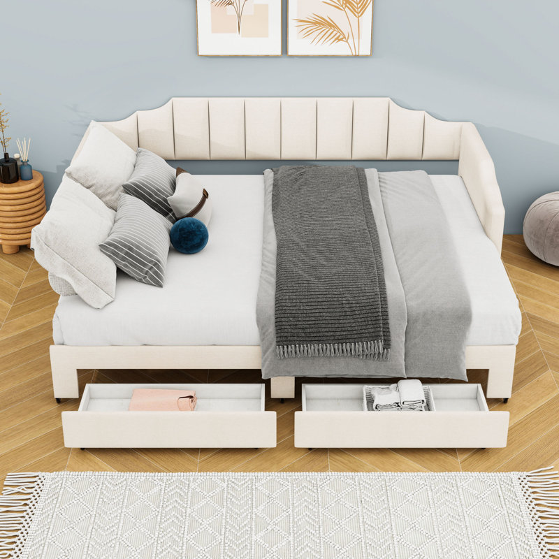 2 Drawers Upholstered Twin XL Daybed with Twin Trundle and LED Lighting, Beige